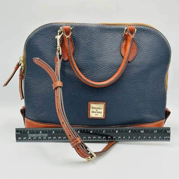 Dooney and Bourke Leather Pebble Grain Zip Zip Satchel Bag Navy Blue Brown - Picture 8 of 14